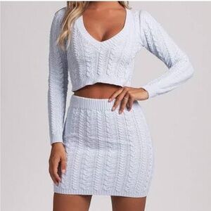 Meshki Baby Blue Cable Knit Skirt Sweater Set